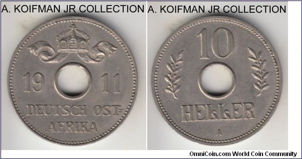 KM-12, 1911 German East Africa 10 heller, Berlin mint (A miint mark); copper-nickel, plain edge; Wilhelm II, colonial issue, extra fine to good extra fine.