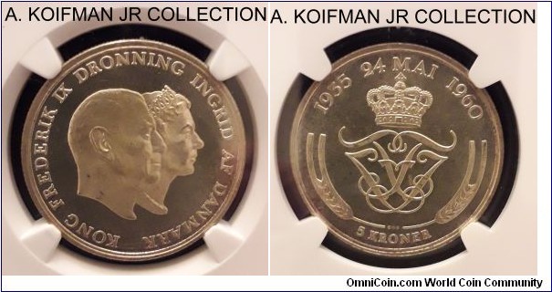 KM-852, 1960 Denmark 5 kroner; silver, reeded edge; Frederik IX, Silver Wedding Anniversary commemorative, brilliant uncirculated proof like, NGC graded MS 67.