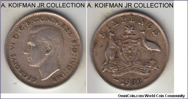 KM-38, 1939 Australia 6 pence, Melbourne mint (no mint mark); silver, reeded edge; early George VI, scarcer year, very fine or so.