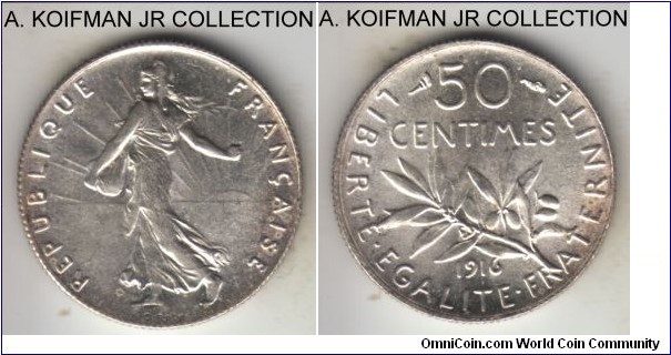 KM-854, 1916 France 50 centimes; silver, reeded edge; Roty's famous 