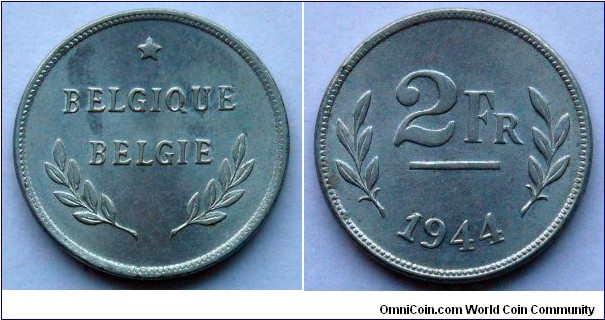 Belgium 2 francs.
1944, Allied Occupation Coinage.
Zinc clad steel.