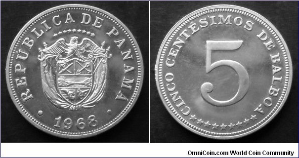 Panama 5 centesimos.
1968, Proof. Mintage: 23.000 pieces
