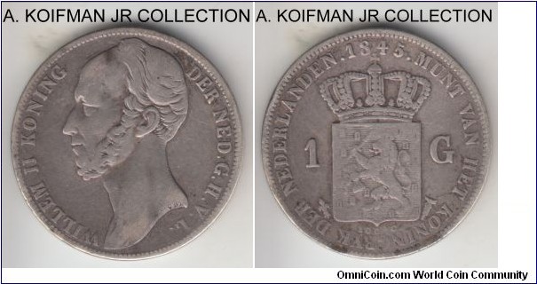 KM-66, 1845 Netherlands gulden; silver, lettered edge; William III, good fine or better, rim ding on reverse.