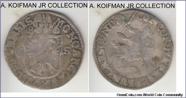 KM-26.1, 1686 Netherlands Nijmegen 6 stuivers; silver; earlier Dutch Republic, very good or so.