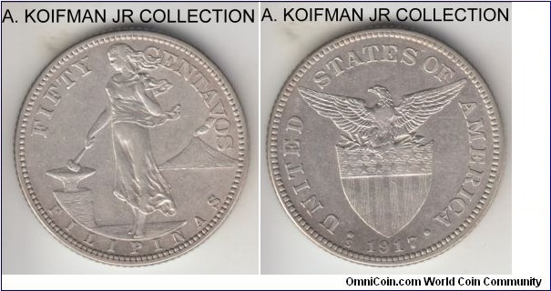 KM171, 1917 Philippines (US) 50 centavos, San Francisco mint (S mint mark); silver, reeded edge; issued during the US governance over the former Spanish colony, about uncirculated.
