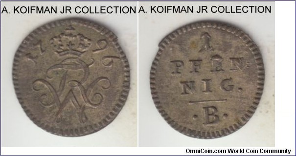 KM-12, 1796 Brandenburg-Ansbach-Bayreuth (German State) pfennig; silver, reeded edge; Friedrich Wilhelm II, good extra fine, clipped or broken flan on this tiny coin.