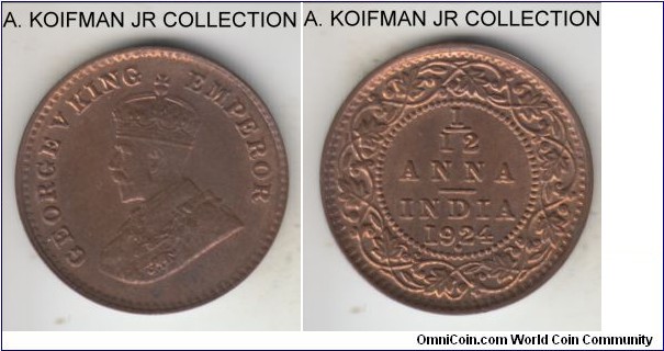 KM-509, 1924 (b) British India 1/12 anna, Bombay mint (dot under date); bronze, plain edge; George V, average red brown uncirculated.