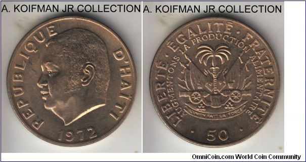 KM-101, 1972 Haiti 50 centimes; copper-nickel, plain edge; circulation commemorative FAO issue, average uncirculated.
