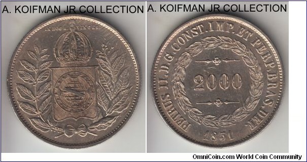 KM-461, 1851 Brazil (Empire) 2000 reis; silver, reeded edge; Pedro II, nice details - good extra fine or better, most likely cleaned.