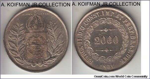 KM-461, 1851 Brazil (Empire) 2000 reis; silver, reeded edge; Pedro II, nice details - good extra fine or better, most likely cleaned.