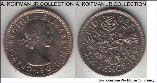 KM-903, 1955 Great Britain 6 pence; copper-nickel, reeded edge; early Elizabeth II, nice uncirculated.