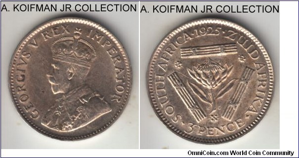KM-15.1, 1925 South Africa (Dominion) 3 pence; silver, plain edge; George V, second type, scarce and key of the series.