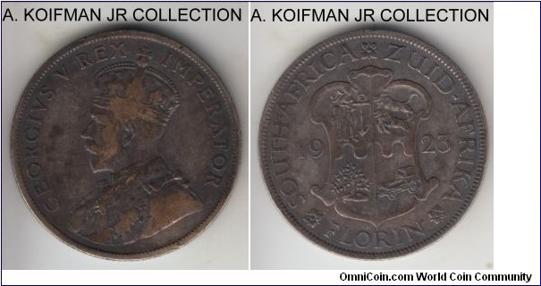 KM-18, 1923 South Africa florin; silver, reeded edge; George V first type and first year of the type, fine to good fine, but blackened dark by fire or artificially.