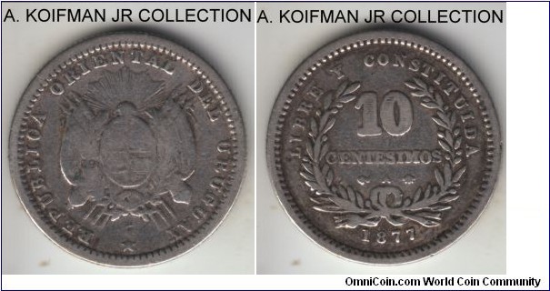 KM-14, 1877 Uruguay 10 centesimos, Paris mint (A mint mark); silver, reeded edge; anchor points left variety, well circulated and cleaned.