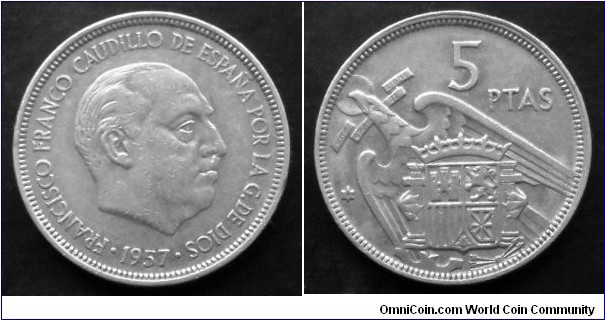 Spain 5 pesetas.
1957 (1975)