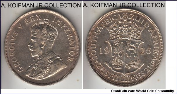 KM-19.1, 1925 South Africa (Dominion) 2 1/2 shillings; silver, reeded edge; George V, second type, scarce and key of the series, about very fine, cleaned and tiny reverse rim nick.