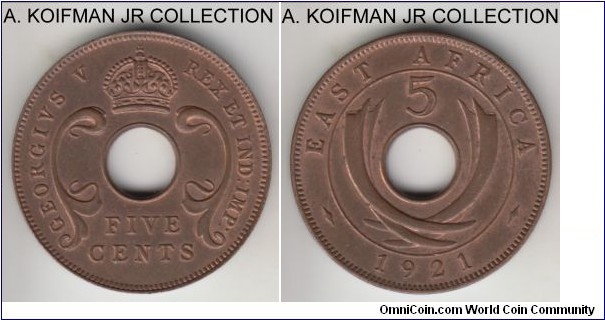 KM-18, 1921 East Africa 5 cents, Royal Mint (no mint mark); bronze, plain edge; George V, first and scarcer year of the type, red brown uncirculated.