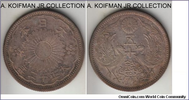 Y#46, Japan Taisho Yr.12 (1923) 50 sen; silver, reeded edge; Yoshihito, common but nice toned uncirculated or almost.