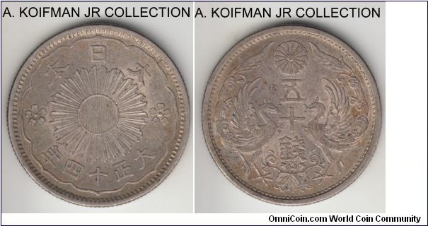 Y#46, Japan Taisho Yr.14 (1925) 50 sen; silver, reeded edge; Yoshihito, toned good extra fine.