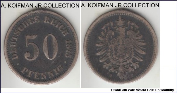 KM-6, 1875 Germany (Empire) 50 pfennig, Karlsruhe mint (G mint mark); silver, reeded edge; Wilhelm I, smaller mintage, very good to fine details, ex-jewelry.