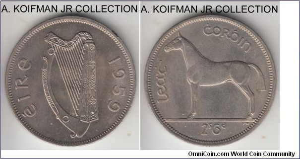 KM-16a, 1959 Ireland 1/2 crown; copper-nickel, reeded edge; common year, nice uncirculated.
