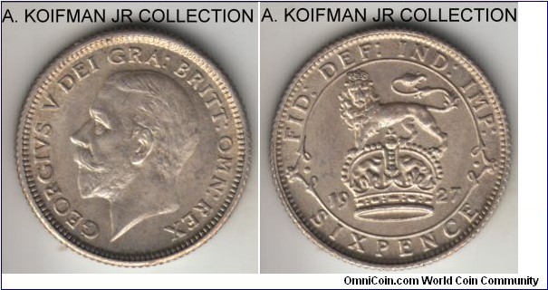 KM-828, 1927 Great Britain 6 pence; silver, reeded edge; George V, narrow rim variety, average lightly toned uncirculated.