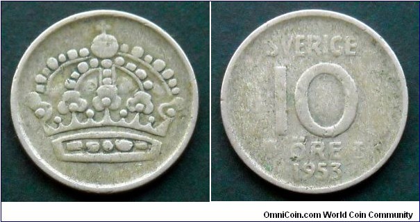 Sweden 10 ore.
1953, Ag 400.