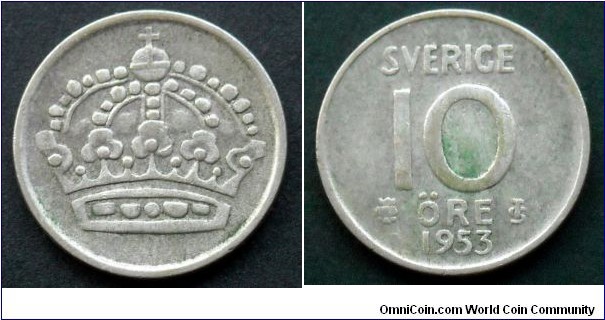Sweden 10 ore.
1953, Ag 400.
