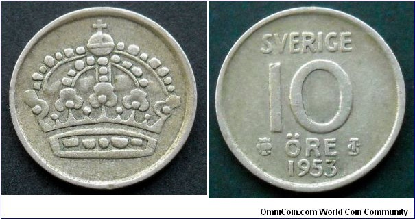 Sweden 10 ore.
1953, Ag 400.