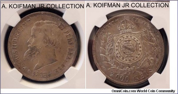 KM-485, 1888 Brazil 2000 reis; silver, reeded edge; Pedro II, toned uncirculated or almost, NGC graded MS 61.