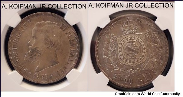 KM-485, 1888 Brazil 2000 reis; silver, reeded edge; Pedro II, toned uncirculated or almost, NGC graded MS 61.