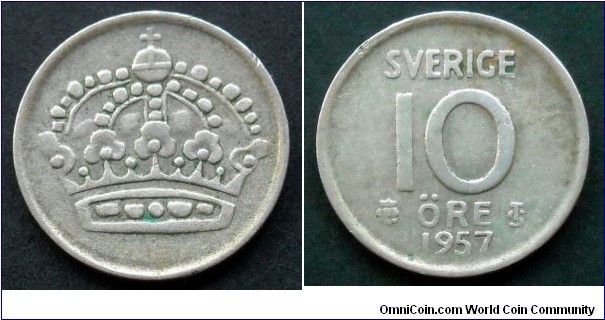 Sweden 10 ore.
1957, Ag 400.