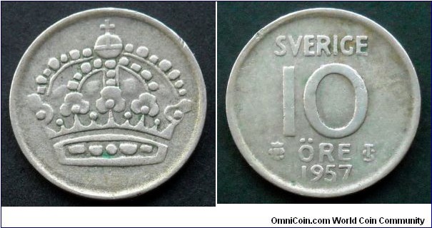 Sweden 10 ore.
1957, Ag 400.