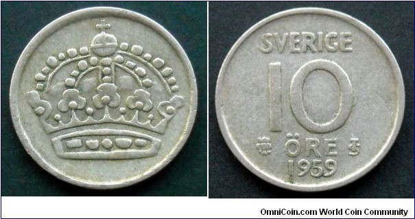 Sweden 10 ore.
1959, Ag 400.