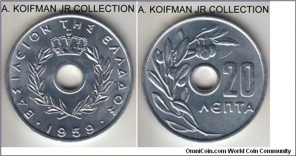 KM-79, 1959 Greece (Kingdom) 20 lepta, Paris mint; aluminum, plain edge; holed flan; King Paul, common gem bright white brilliant uncirculated.