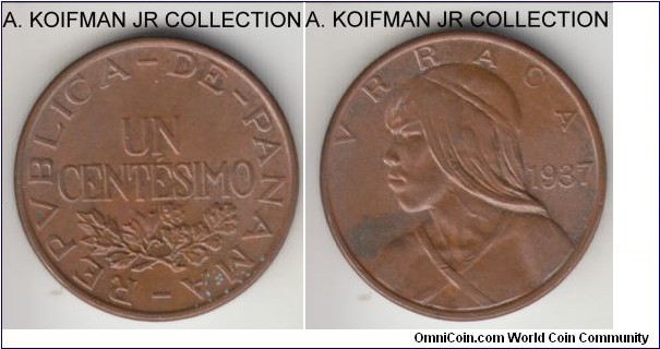 KM-14, 1937 Panama centesimo; bronze, plain edge; small mintage of just 200,000, brown uncirculated, a couple of spots.