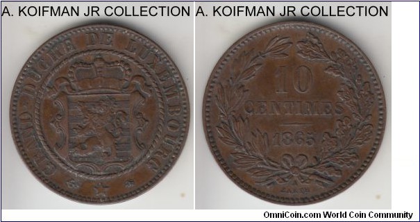 KM-23.2, 1865 Luxembourg 10 centimes, Paris mint; bronze, plain edge; William III, brown extra fine.
