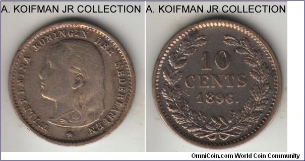 KM-116, 1896 Netherlands 10 cents; silver, reeded edge; Wilhelmina I, short 5 year type, coin is in about very fine condition (this type is hard to judge by the obverse due to design and wear on Queen's hair) but likely cleaned in the past.
