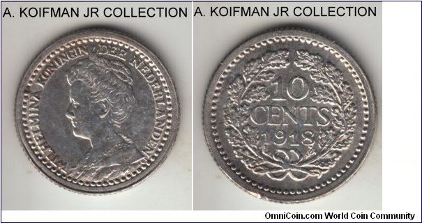 KM-145, 1918 Netherlands 10 cents; silver, reeded edge; Wilhelmina manute head type, common, decent circulated grade, good very fine or so.