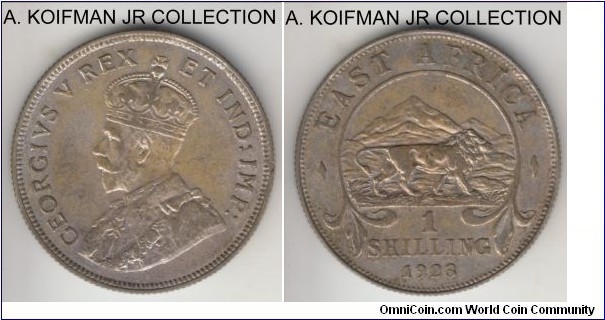 KM-21, 1923 East Africa shilling, Royal Mint (no mint mark); silver, reeded edge; George V, key date for the series with smallest mintage, toned extra fine for this type of lower silver content coinage.