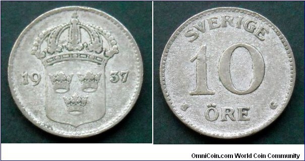 Sweden 10 ore.
1937, Ag 400.