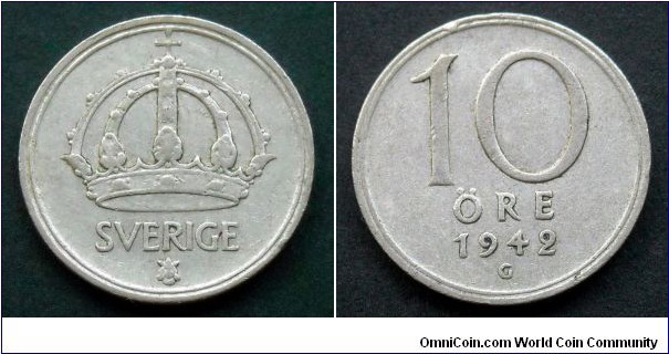 Sweden 10 ore.
1942, Ag 400.