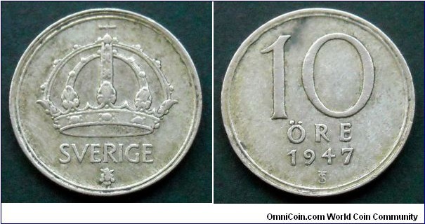 Sweden 10 ore.
1947, Ag 400.