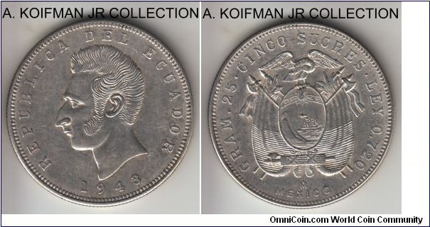 KM-79, 1943 Ecuador 5 sucre, Mexico mint (Mexico mint mark); silver, reeded edge; 2 year type, decent circulated grade.