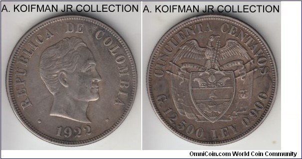KM-274, 1922 Colombia 50 centavos, Philadelphia (US) mint; silver, reeded edge; extra fine or about, reverse is very nicely deep toned, a small rim bump.