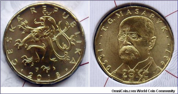 Czech Republic 20 korun 2018, Tomas Garrigue Masaryk from the 6 coins set commemorating Personalities of the Czechoslovak state and currency.