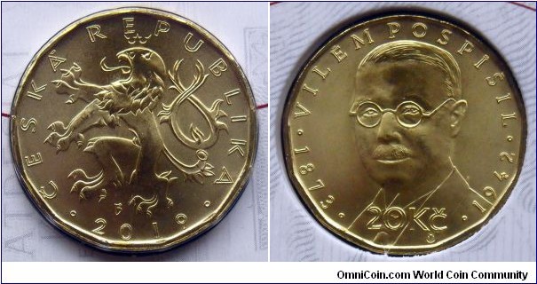 Czech Republic 20 korun 2019, Vilem Pospisil from the 6 coins set commemorating Personalities of the Czechoslovak state and currency.