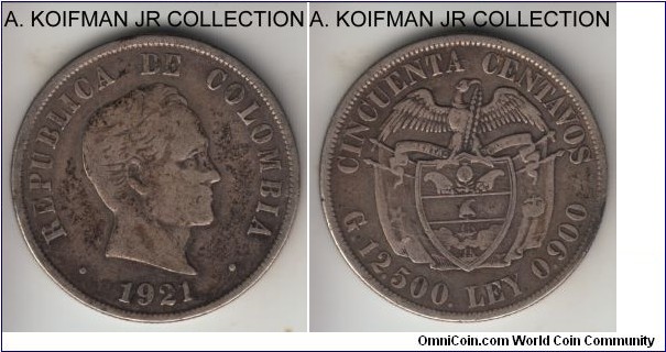 KM-274, 1921 Colombia 50 centavos, Philadelphia (US) mint; silver, reeded edge; smaller mintage, decent about very fine.