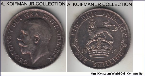 KM-816, 1912 Great Britain shilling; silver, reeded edge; George V, earlier year, wide IMP variety, good very fine or about.