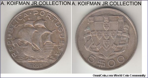 KM-581, 1932 Portugal 5 escudos; silver, reeded edge; first year and scarcer coin in high grades, extra fine or almost, some colorful reverse toning from storage.